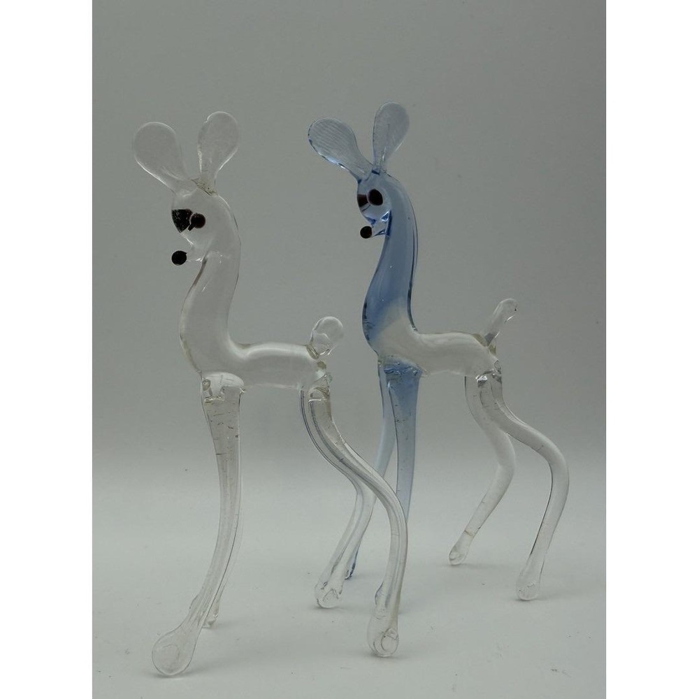 Vintage Hand Blown Glass Deer Figurines Set Clear & Blue Mid Century Style